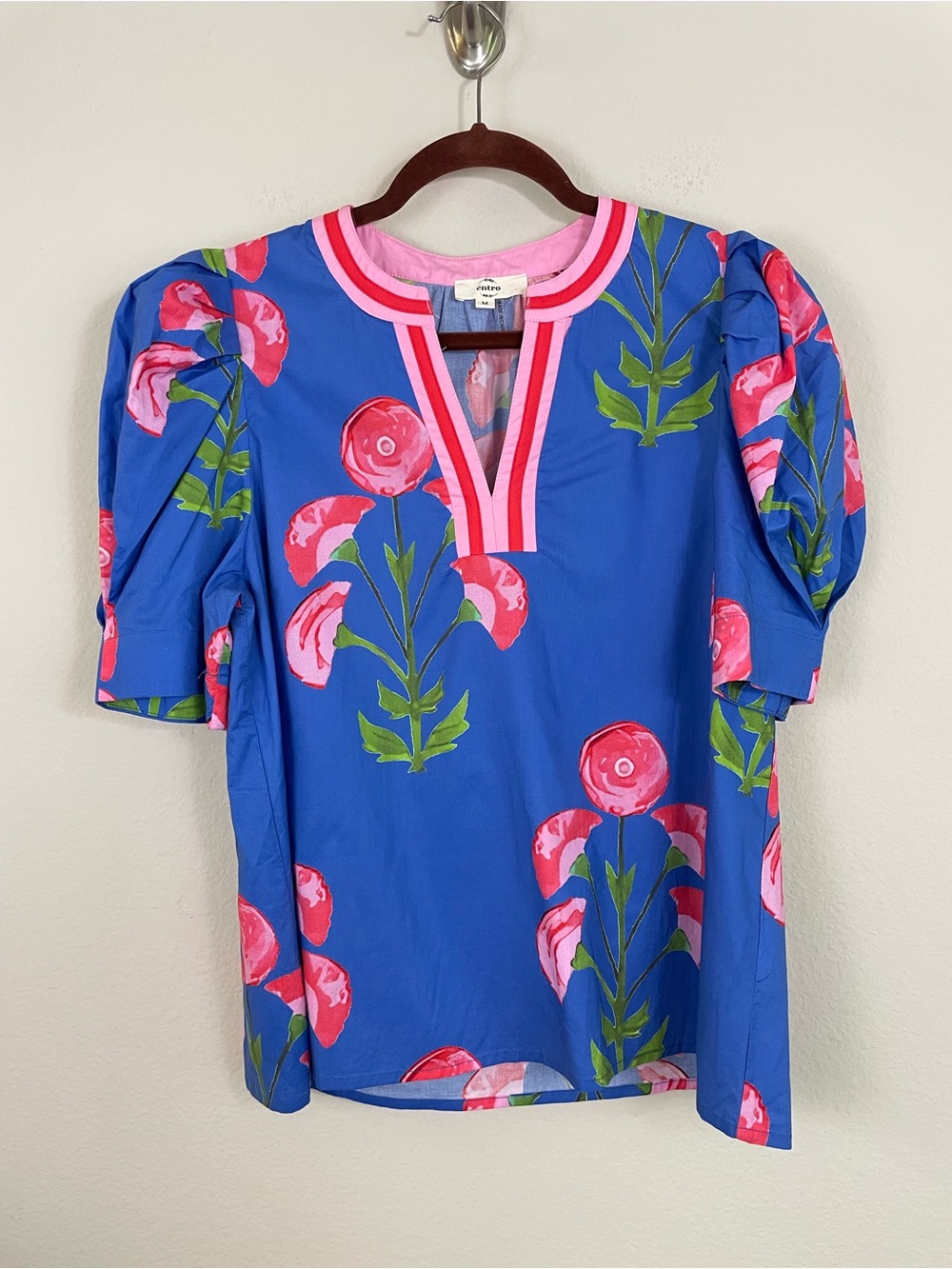 Entro Blue Floral Puff-Sleeve Blouse with Pink Trim Poplin Top Size Medium - Picture 3 of 10